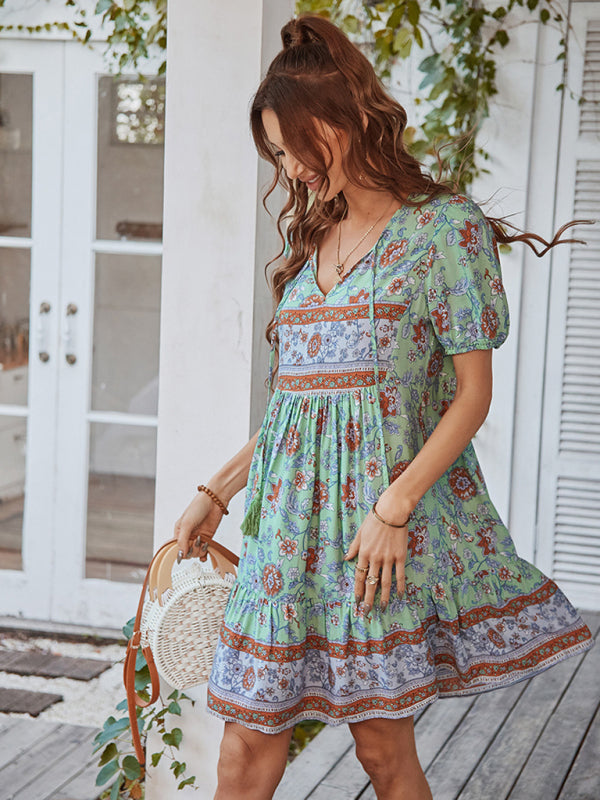 Women's Woven V-Neck Short Sleeve Bohemian Resort Dress