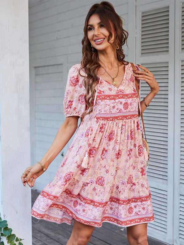 Women's Woven V-Neck Short Sleeve Bohemian Resort Dress