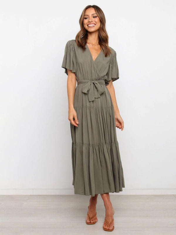 Women'sSolid v-neck short sleeve bohemian midi dress