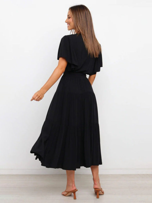 Women'sSolid v-neck short sleeve bohemian midi dress