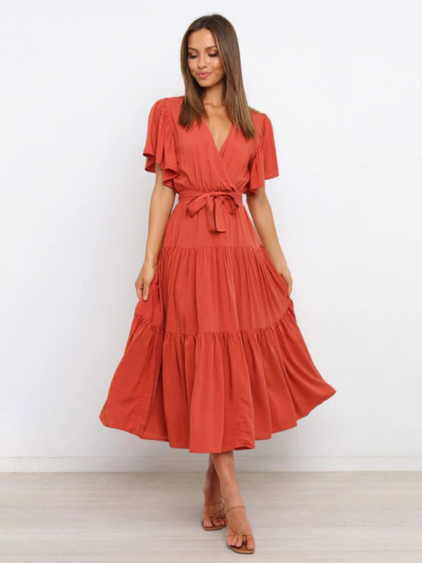 Women'sSolid v-neck short sleeve bohemian midi dress