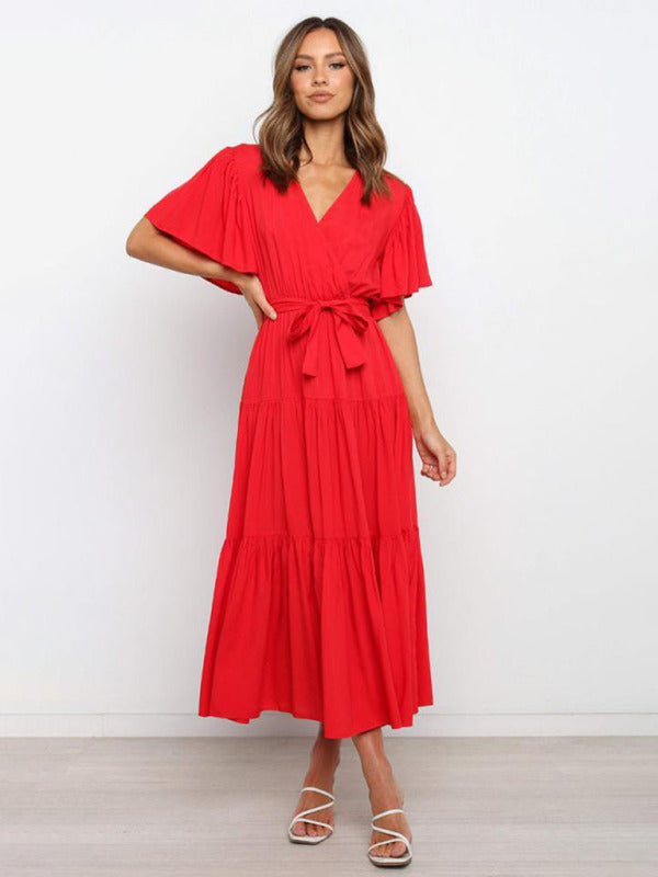 Women'sSolid v-neck short sleeve bohemian midi dress