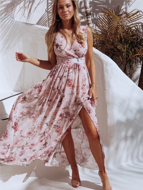 Elegant Floral Print Chiffon Dress Sleeveless Vacation Beach Slit Maxi Dress