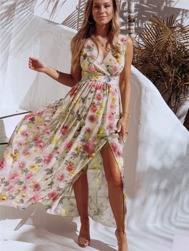 Elegant Floral Print Chiffon Dress Sleeveless Vacation Beach Slit Maxi Dress