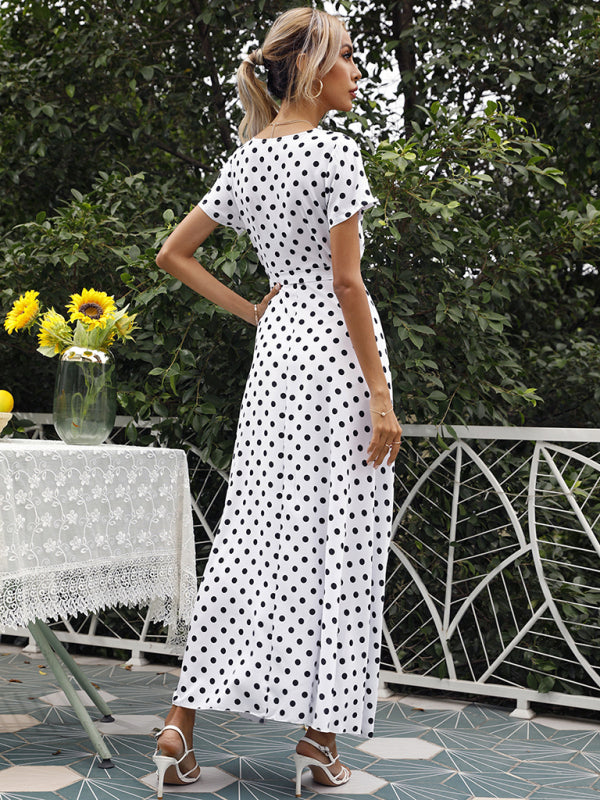 Casual Waist Short Sleeve Polka Dot Slit Dress