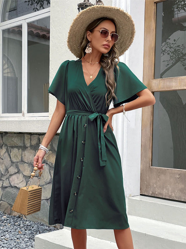 Women's Woven V Neck Short Sleeve Midi Dress