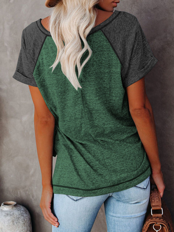 Ladies Colorblock Casual Round Neck Short Sleeve T-Shirt