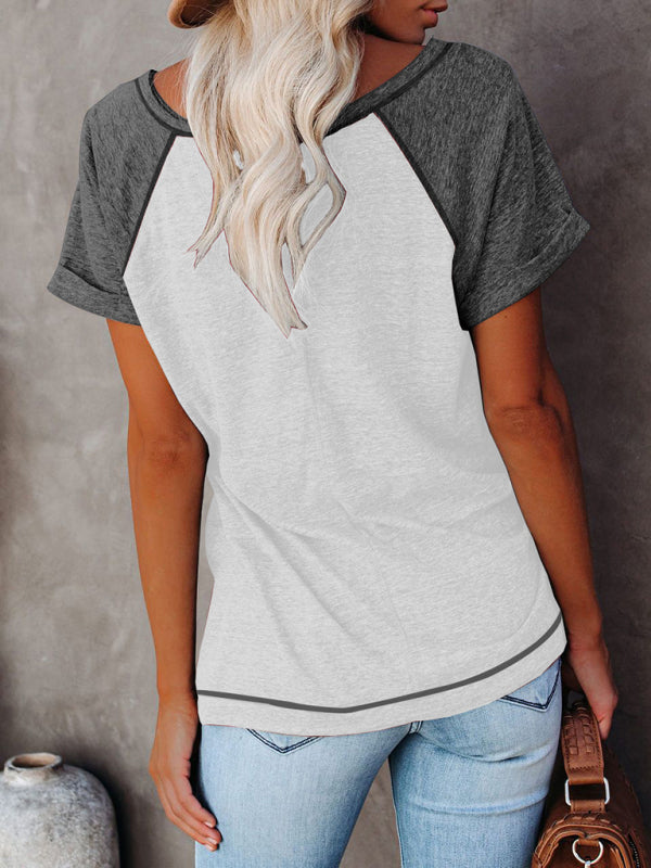 Ladies Colorblock Casual Round Neck Short Sleeve T-Shirt