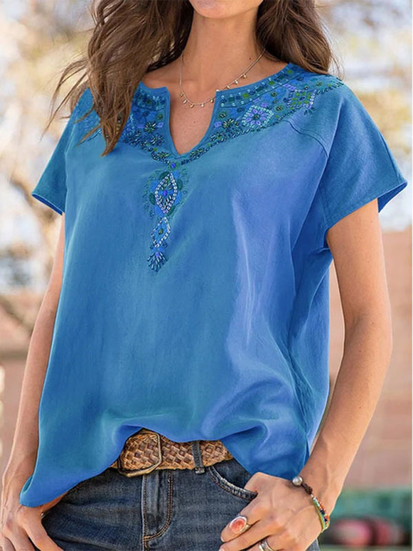 Women's Woven Western Ethnic Style Loose Short Sleeve Top