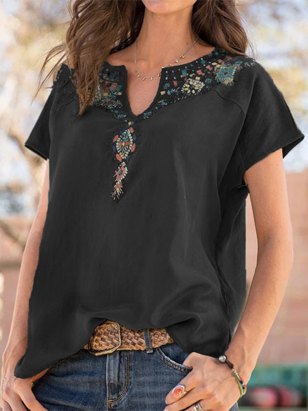 Women's Woven Western Ethnic Style Loose Short Sleeve Top