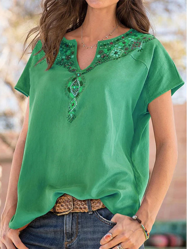 Women's Woven Western Ethnic Style Loose Short Sleeve Top