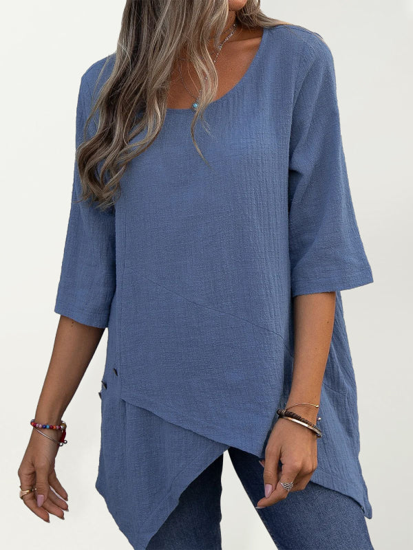 Cotton Linen Round Neck Irregular Shirt Half Sleeve Top