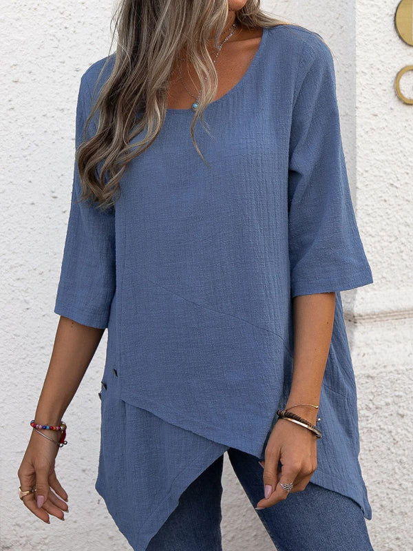 Cotton Linen Round Neck Irregular Shirt Half Sleeve Top