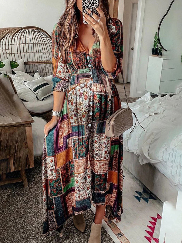 New Bohemian v-neck print V-neck long sleeve long beach dress