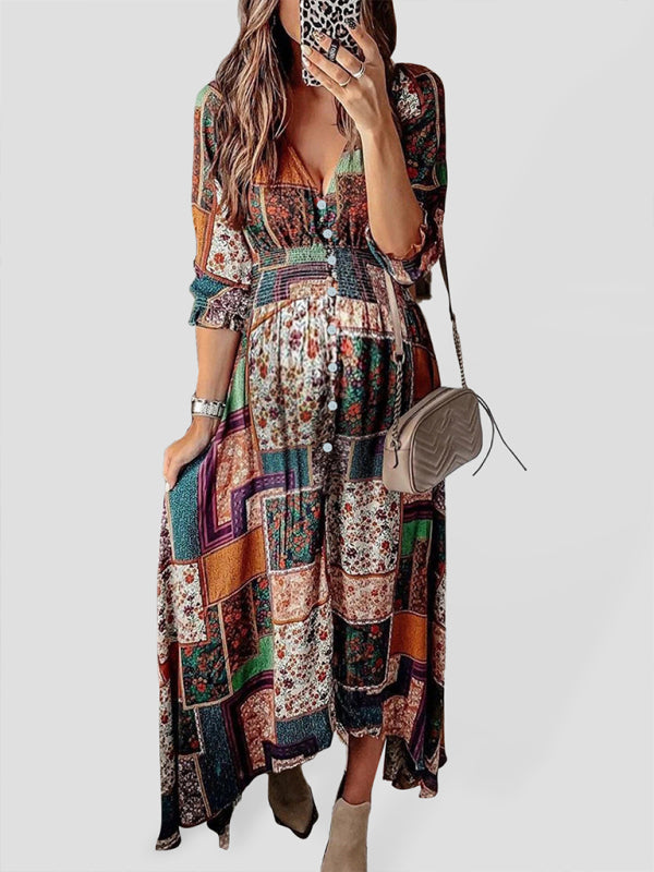 New Bohemian v-neck print V-neck long sleeve long beach dress