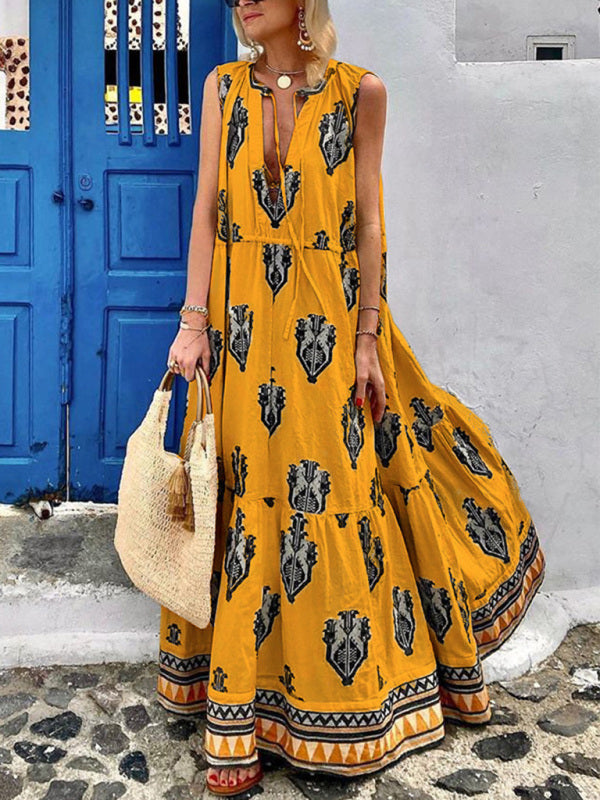 Women's Sleeveless Midi Bohemian Print Dress