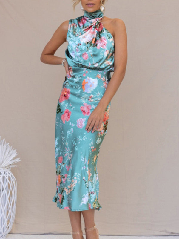 Temperament Ladies Sleeveless Halter Neck Printed Satin Dress