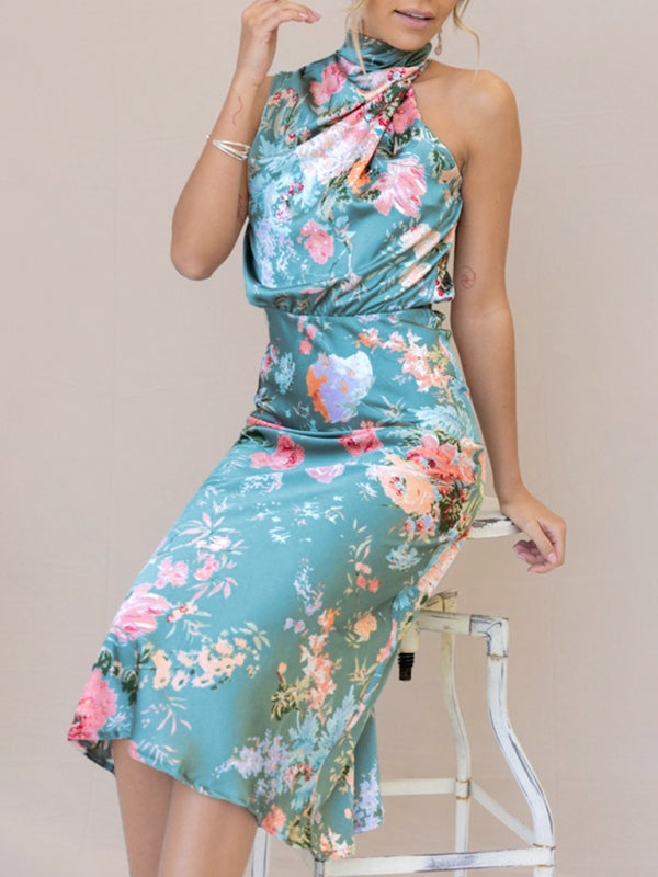 Temperament Ladies Sleeveless Halter Neck Printed Satin Dress