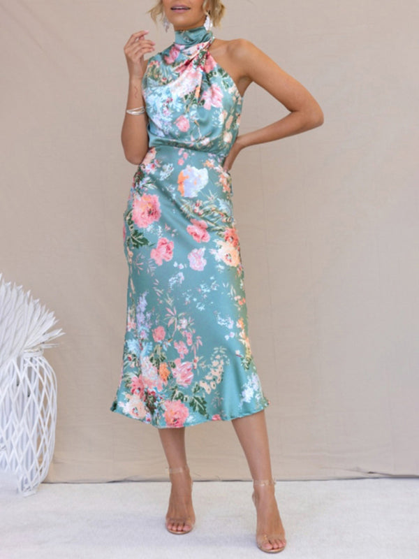 Temperament Ladies Sleeveless Halter Neck Printed Satin Dress