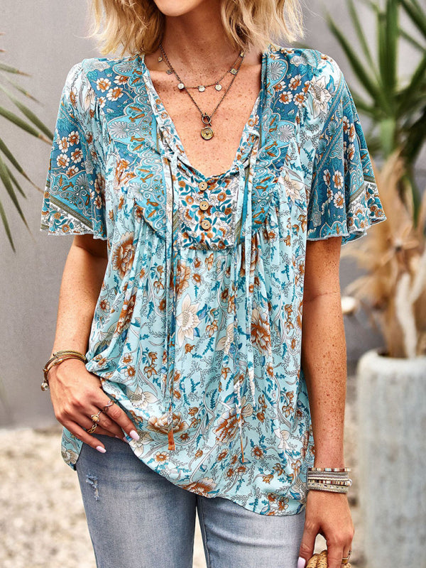 Women's V Neck Short Sleeve Printed Short Sleeve Shirt