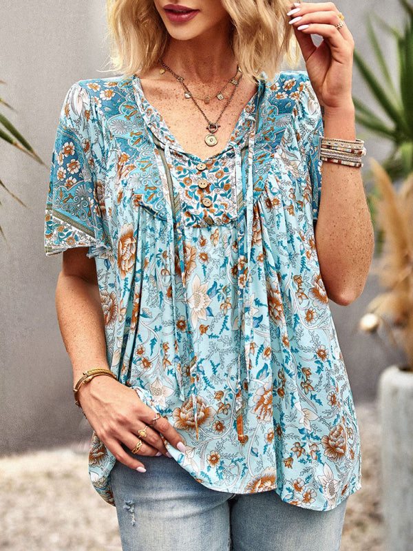 Women's V Neck Short Sleeve Printed Short Sleeve Shirt