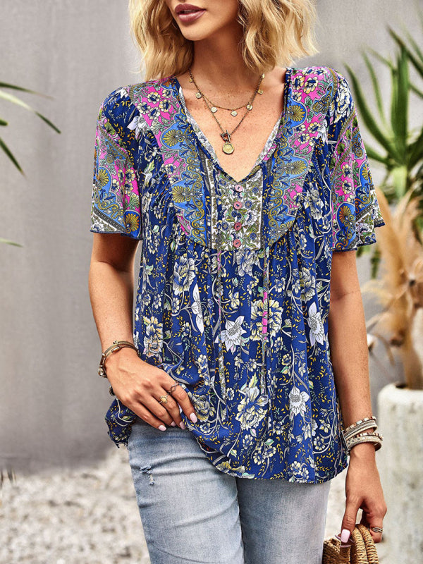 Women's V Neck Short Sleeve Printed Short Sleeve Shirt