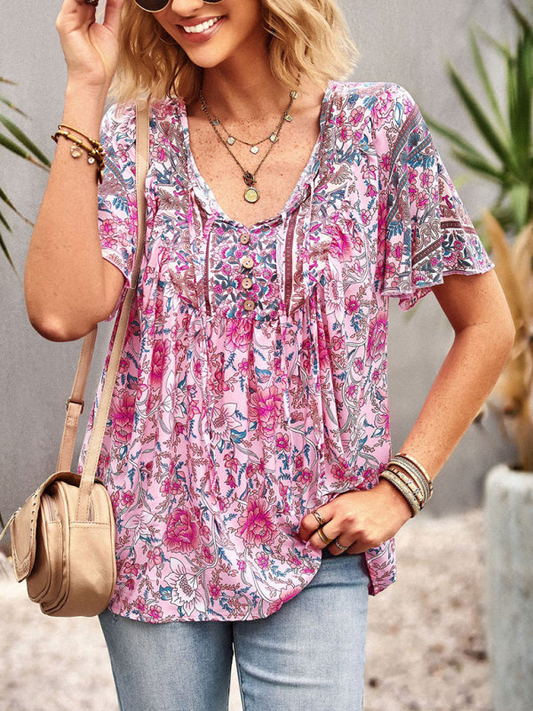 Women's V Neck Short Sleeve Printed Short Sleeve Shirt