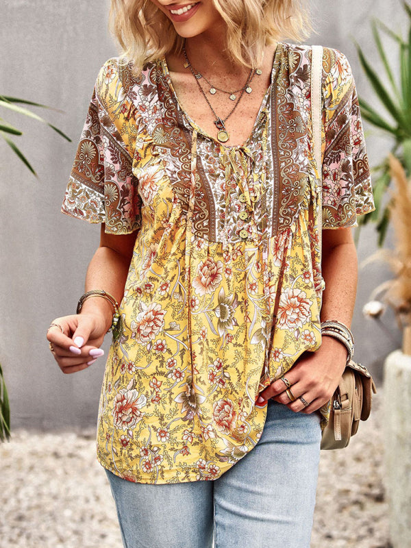 Women's V Neck Short Sleeve Printed Short Sleeve Shirt