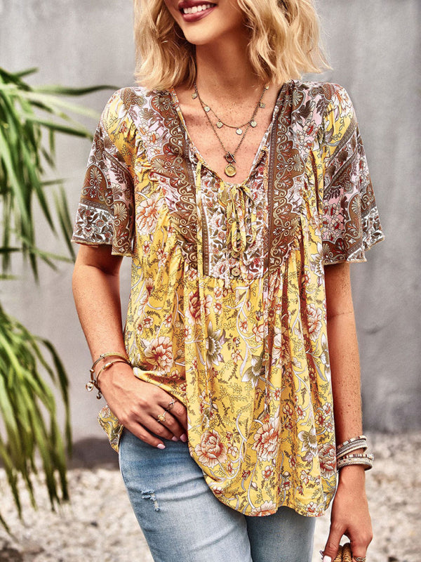 Women's V Neck Short Sleeve Printed Short Sleeve Shirt