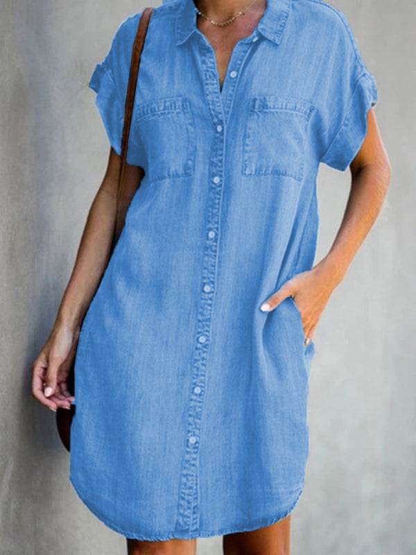 Casual Short-sleeve blue slim-fit denim midi dress