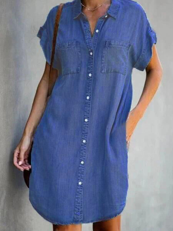 Casual Short-sleeve blue slim-fit denim midi dress