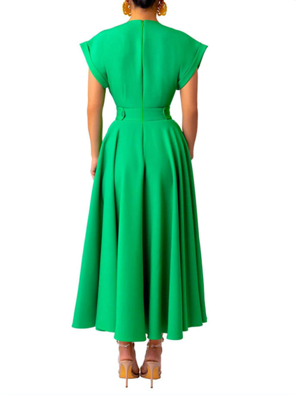 Women's Solid Color Retro Elegant V-Neck Wrapped Sleeves Narrow Waist Stitching Dress