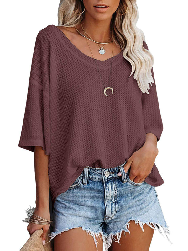 New V Neck Dolman Sleeve Waffle Knit Loose Solid Color Short Sleeve T-Shirt