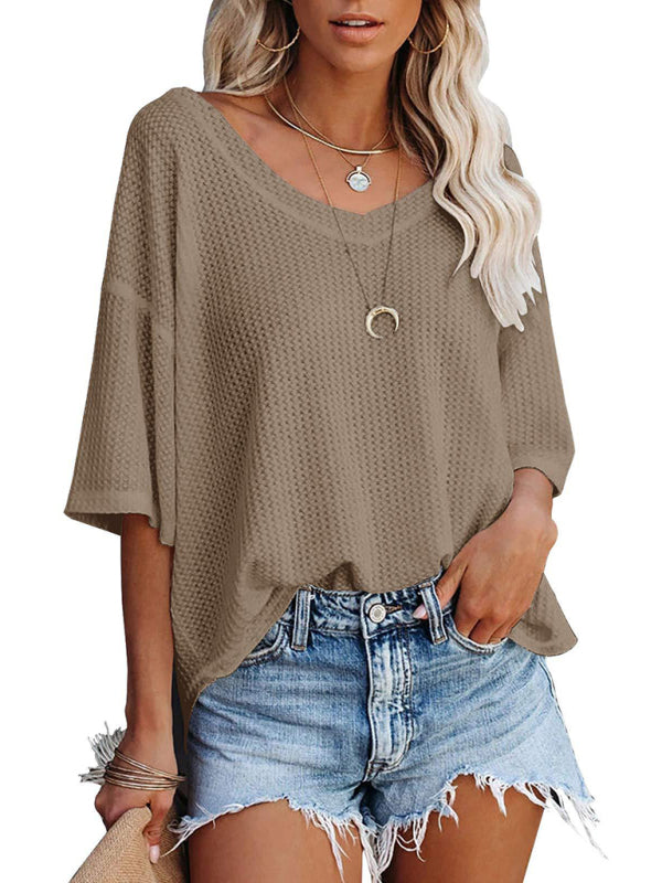 New V Neck Dolman Sleeve Waffle Knit Loose Solid Color Short Sleeve T-Shirt