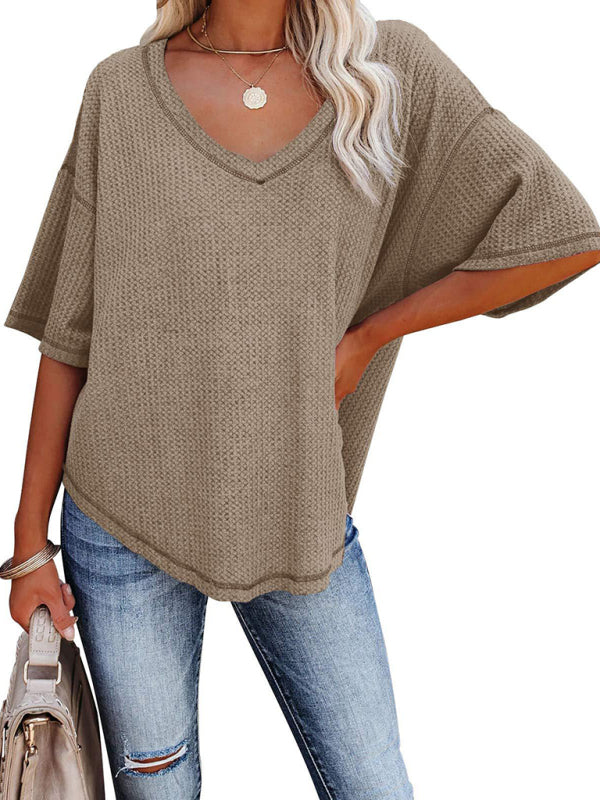 New V Neck Dolman Sleeve Waffle Knit Loose Solid Color Short Sleeve T-Shirt