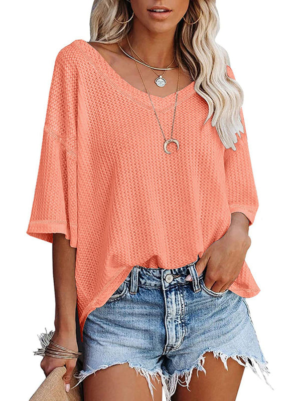 New V Neck Dolman Sleeve Waffle Knit Loose Solid Color Short Sleeve T-Shirt