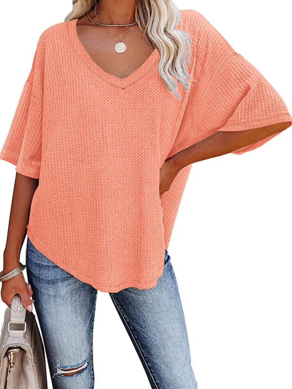 New V Neck Dolman Sleeve Waffle Knit Loose Solid Color Short Sleeve T-Shirt