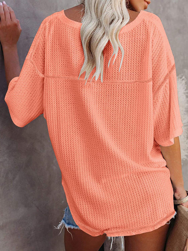 New V Neck Dolman Sleeve Waffle Knit Loose Solid Color Short Sleeve T-Shirt