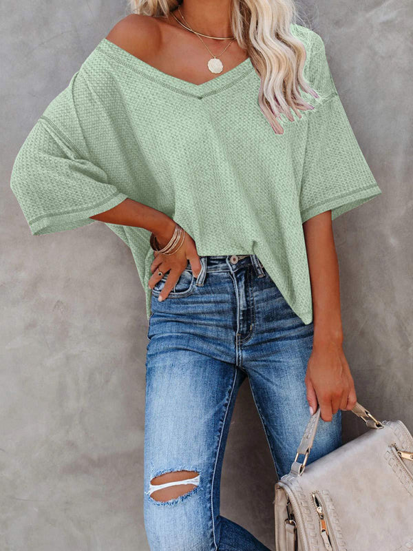 New V Neck Dolman Sleeve Waffle Knit Loose Solid Color Short Sleeve T-Shirt