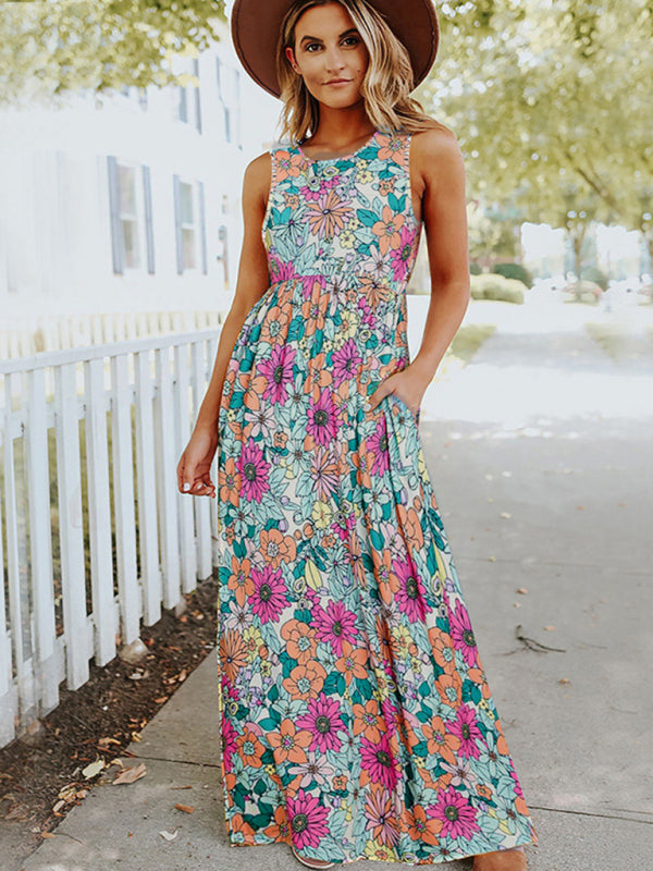 Ladies Floral Print Round Neck Sleeveless Maxi Dress