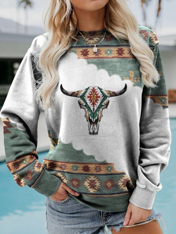 Long Sleeve Crewneck Western Print Sweatshirt