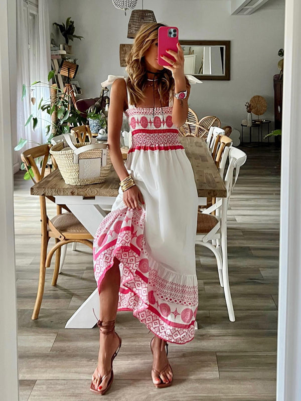 New Tie Printed Sweet Elastic Bohemian Maxi Dress