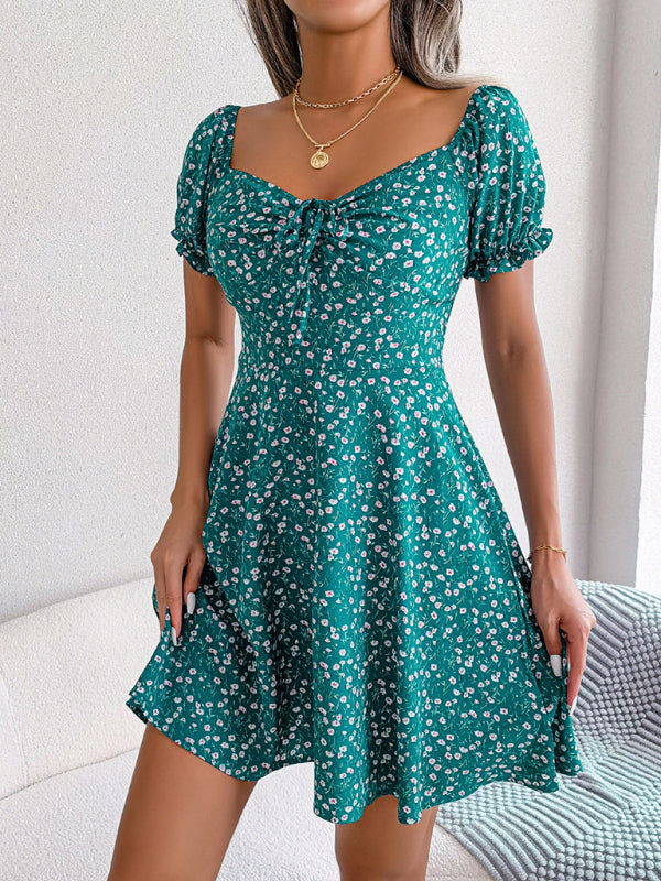 Casual Bell Sleeve Drawstring Tie Floral Swing Dress