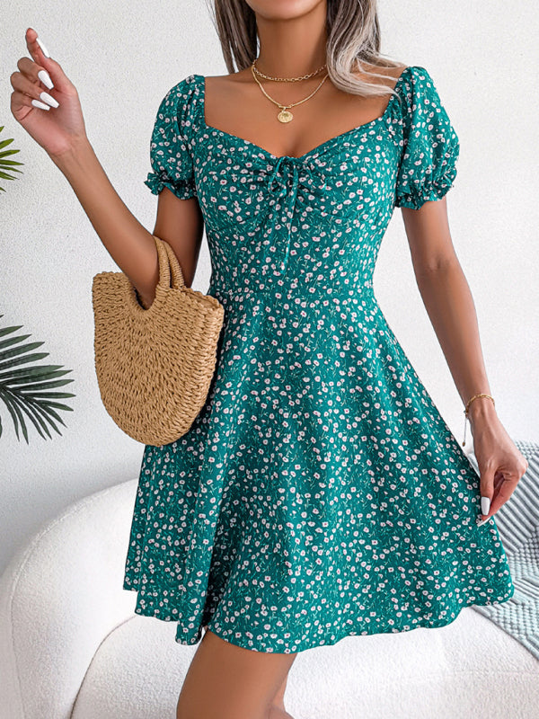 Casual Bell Sleeve Drawstring Tie Floral Swing Dress