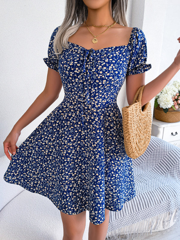 Casual Bell Sleeve Drawstring Tie Floral Swing Dress