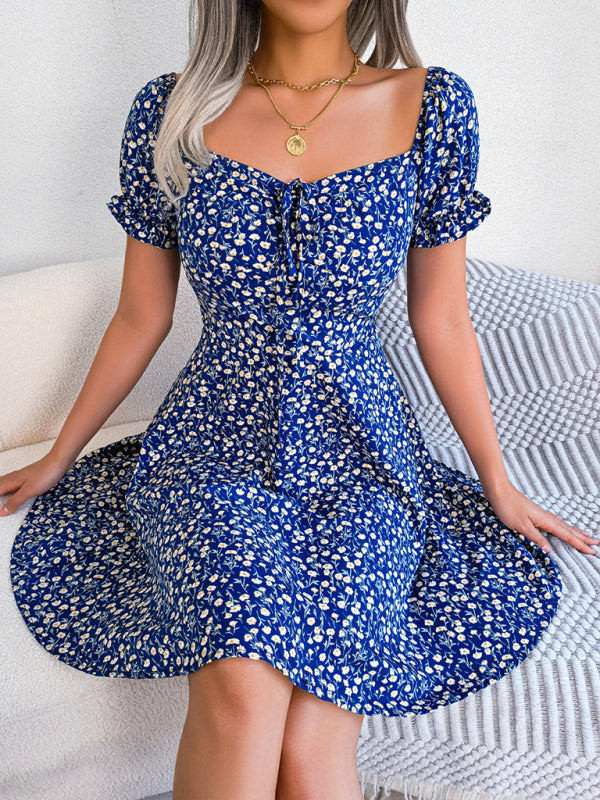 Casual Bell Sleeve Drawstring Tie Floral Swing Dress