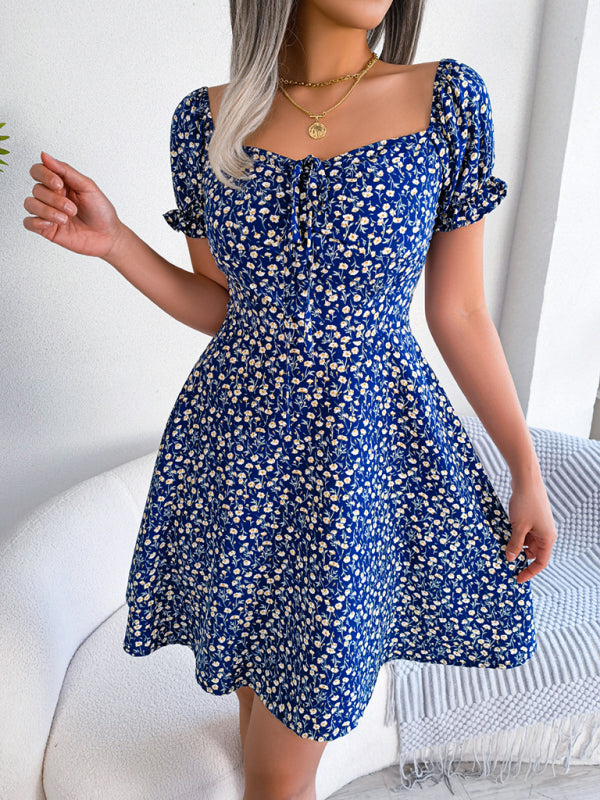 Casual Bell Sleeve Drawstring Tie Floral Swing Dress