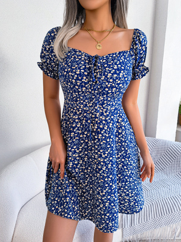 Casual Bell Sleeve Drawstring Tie Floral Swing Dress