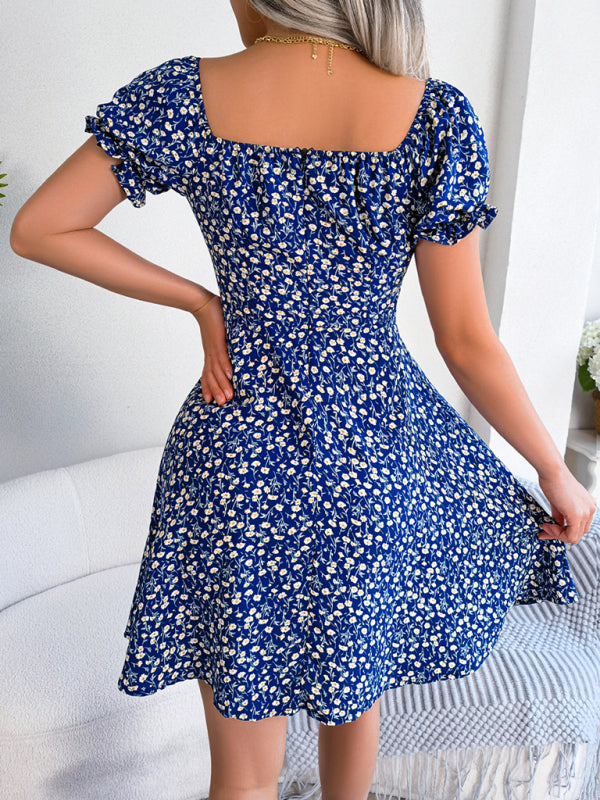 Casual Bell Sleeve Drawstring Tie Floral Swing Dress