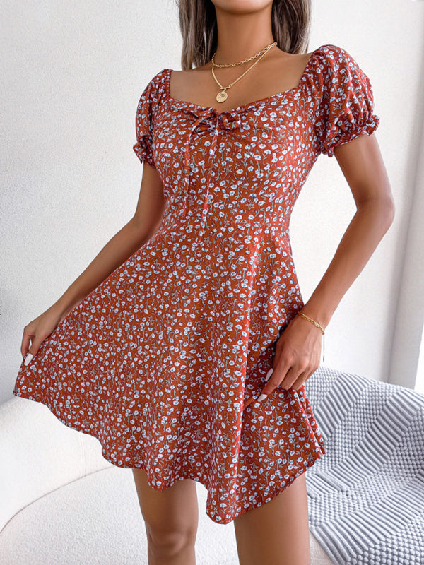 Casual Bell Sleeve Drawstring Tie Floral Swing Dress